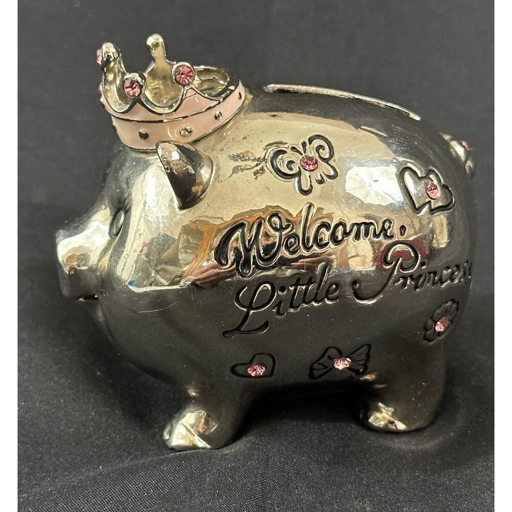 MUD PIE "Welcome Little Princess" Silver with Pink Jewels Vintage Piggy Bank